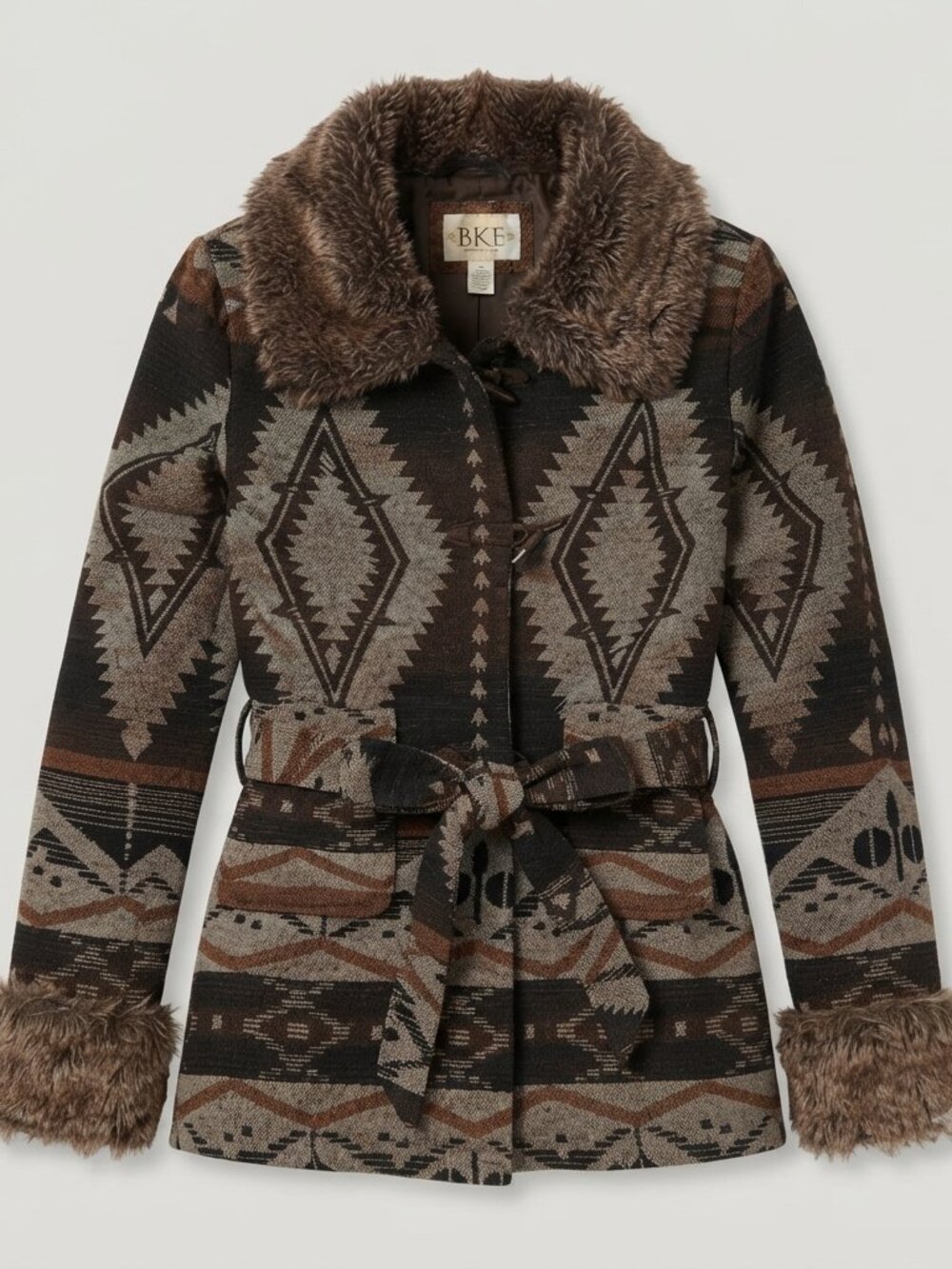BKE Buckle Outerwear Aztec Southwestern Faux Fur Collar Belted Jacket Size L